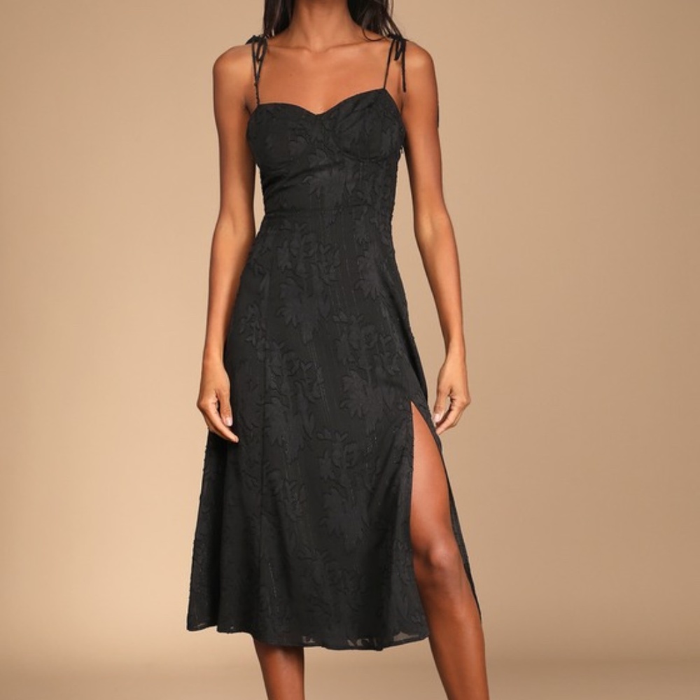 Lulus Loveliest Looks Black Floral Jacquard Tie-strap Midi Dress - Size S